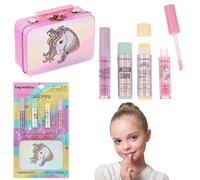 Kit de 5 pièces de maquillage holographique licorne pour enfants - Brillant à lèvres et baumes avec boîte de rangement en étain | I Believe in Unicorns | Ensemble cadeau de maquillage lavable et non