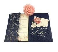 Kit de 50 cartes d'invitation mariage à trois volets découpées au laser, feuilles vertes et bleu marine, pochette personnalisée(Blue1,Blank set)