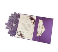 Kit de 50 cartes d'invitation mariage à trois volets découpées au laser, feuilles vertes et bleu marine, pochette personnalisée(PURPLE,Laser cover only)