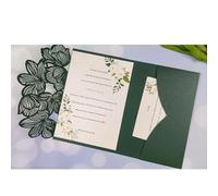 Kit de 50 cartes d'invitation mariage à trois volets découpées au laser, feuilles vertes et bleu marine, pochette personnalisée(Green,Laser cover only)