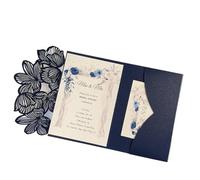 Kit de 50 cartes d'invitation mariage à trois volets découpées au laser, feuilles vertes et bleu marine, pochette personnalisée(Blue,Blank set)