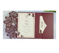 Kit de 50 cartes d'invitation mariage à trois volets découpées au laser, feuilles vertes et bleu marine, pochette personnalisée(Burgundy,Blank set)