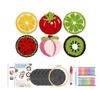 Kit de 6 sous-verres à aiguilles à poinçonner pour débutants - Kit de décoration facile - Dessous-de-verre touffetés - Kit d'aiguilles avec fils de feutre adhésifs - Cerceau à broder - Instructions