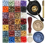 Kit de 732 tampons de cire à cacheter avec chauffe-cire électrique - Tampon sceau de l'alphabet T - 28 couleurs assorties - Perles de cire à cacheter - Cuillère - Kit de tampon de cire à cacheter