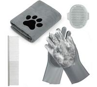 Kit de Bain pour Chien 4-en-1 - Ensemble de Toilettage avec Serviette de Séchage, Gants de Lavage, Peigne en Métal, Brosse de Massage - Accessoires de Toilette Idéal pour Animaux (4-Gris)
