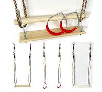 Kit de balançoire 3 en 1, anneaux de gymnastique + trapèze en bois + planche à bascule avec kit de corde à suspendre (kit d'équipement de gymnastique)