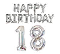 Kit de ballons d'anniversaire 101,6 cm en forme de chiffre 18 ans de 40,6 cm de diamètre avec lettres « Happy Birthday » en feuille d'argent pour décoration d'anniversaire et fête