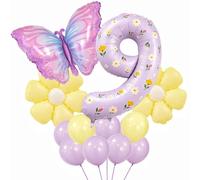 Kit de ballons décoratifs pour 9e anniversaire de filles - 101,6 cm - Grand ballon papillon et feuille d'aluminium en forme de papillon pour filles - Guirlande de décorations d'anniversaire pour fille