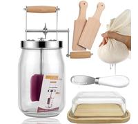 Kit de baratte à beurre manuel - Main en bois - Beurrier à manivelle avec pot en verre, parfait pour la crème fraîche, le beurre cétogène et la ferme durable (1,5 l)