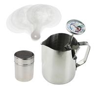 Kit de barista avec thermomètre à lait, pot à lait de 600 ml, shaker à cacao et 16 pochoirs, idéal pour les cafés latte, les cappuccino et les café mocha