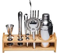 Kit de Barman 14 pièces avec Shaker à Cocktail et Support, ustensiles de Bar Professionnels, Shaker, cuillère à mélanger, Pilon, doseur, Pince, Argent