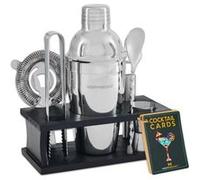 Kit de barman 8 pièces argenté avec support en bois noir, cartes de recettes et accessoires de bar