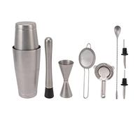 Kit de barman 9 pièces, ensemble d'outils de bar en acier inoxydable avec shaker Boston, mélangeur à cocktail professionnel pour bar à domicile et fêtes, comprend un doseur, une (C)