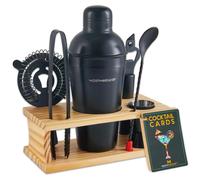 Kit de barman mixologie - Ensemble de shaker cocktail noir mat 8 pi ces avec support en bois de pin, cartes de recettes et id es d'accessoires