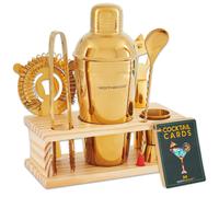 Kit de barman mixologique - Ensemble de shaker à cocktails doré 8 pièces avec support en bois de pin, cartes de recettes et idées d'accessoires d