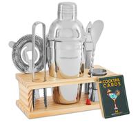 Kit de barman mixologue : ensemble de 8 shakers cocktails avec support en bois, cartes de recettes et accessoires de bar (argent )