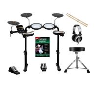 XDrum DD-250 E-Drum kit avec peaux mesh : 4 pads batterie, 3 cymbales, contrôleurs Kick & Snare, rack, baguettes, tabouret, casque et méthode inclus.