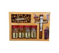 Kit de bénédiction chapelet perles bouteille d'eau sacrée huile sacrée et crucifix croix murale - Trésors sacrés de Jérusalem