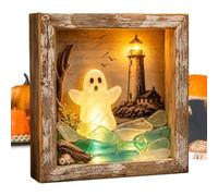Kit de boîte à souvenirs d'Halloween à faire soi-même - Décoration rustique | Cadre fantôme éclairé avec pierre de verre de mer pour étagère, cheminée, bureau, fête, maison, bureau, entrée