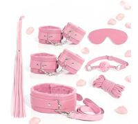 Kit de bondage sexuel BDSM, 7 pièces Kit de bondage Fétiche Kit de bondage pour lit Menottes Flogger Corde Collier Bâillon Jeux SM pour adultes pour femmes, hommes et couples Sextoys (Rose)