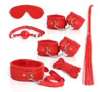 Kit de bondage sexuel BDSM, 7 pièces Kit de bondage Fétiche Kit de bondage pour lit Menottes Flogger Corde Collier Bâillon Jeux SM pour adultes pour femmes, hommes et couples Sextoys(Rouge）