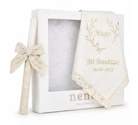 Kit de Bougie et Lange personnalisé pour Baptême - Pack de Cierge décorée pour Baptême et Mouchoir brodés avec le nom et la date du baptême - Modèle Bambule (Beige)