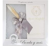 Kit de Bougie et Lange pour Baptême - Pack de Cierge décorée pour Baptême et Mouchoir brodés - Modèle Paris (Gris)