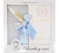 Kit de Bougie et Lange pour Baptême - Pack de Cierge décorée pour Baptême et Mouchoir brodés - Modèle Paris (Bleu ciel)