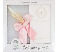Kit de Bougie et Lange pour Baptême - Pack de Cierge décorée pour Baptême et Mouchoir brodés - Modèle Paris (Rose)