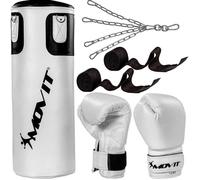 MOVIT Set Sac Frappe - 25kg, Rrempli, Gants 12oz, Bandages pour Enfants et Adolescents, Blanc - Boxe, Boxing, MMA, Sport, Fitness