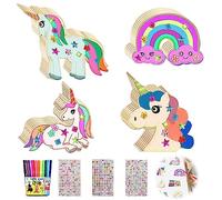 Kit de bricolage en bois licorne - 40 pièces - Licorne - En bois - Pour anniversaire d'enfant - Avec 12 crayons aquarelle + 3 autocollants à paillettes - Pour décoration de peinture - Pour enfants