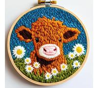 Kit de broderie à l’aiguille perforée pour débutants，Motif vache et fleurs avec tambour réglable,tissu imprimé,fils et aiguilles Pour adultes ou enfants Activité DIY ludique et cadeau créatif à offrir