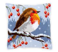 Kit De Broderie À Points Comptés Vervaco : Coussin : Rouge Gorge En Hiver