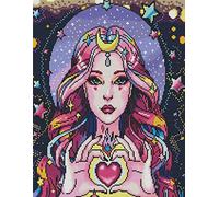 Kit de broderie au point de croix Abillyn - Belle fille, lune et étoiles - Cœur estampillé avec motif imprimé - Kit de démarrage (fille)