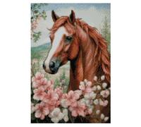 Kit de broderie au point de croix compté Cheval et fleurs, coton 14 carats, 100 x 150 points 17 x 26 cm