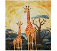 Kit de broderie au point de croix compté Girafe au coucher du soleil, 100 % coton, 14 points, 150 x 165 points 26 x 29 cm en coton - Motif portrait d'animaux exotiques