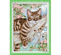 Kit de broderie au point de croix estampillé à faire soi-même, gamme complète de kits de dé marrage pour débutants pré-imprimés - Un chat paresseux dans un arbre 27 x 39 cm