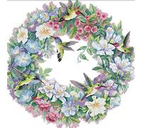 Kit de broderie au point de croix estampillé, couronne de fleurs OWN4B et colibri, motif imprimé, 11 ct 36,1 x 36,1 cm (couronne)