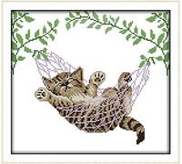 Kit de broderie au point de croix non estampillé « A Cat on a basket Animals Awesocrafts Easy Patterns Cross Stitch » Fournitures de cadeaux de Noël (chat, compté)