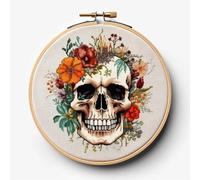 Kit de broderie au point de croix pré-imprimé 11 carats pour adultes - Motif tête de mort et fleurs - Kit de broderie au point de croix avec cerceau - 35 x 35 cm (S279)