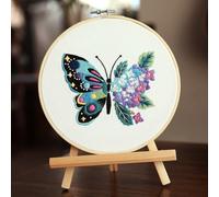 Kit de broderie au point de croix sur le thème des papillons pour bricolage, idéal pour les nouveaux travaux manuels, y compris cerceau réglable et dessins tutoriels (avec cerceau B)