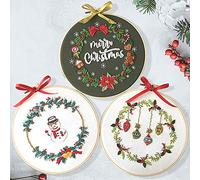 Kit de broderie « Merry Christmas » de bonhomme de neige et couronne Awesocrafts - Gamme complète de kits de broderie pour débutants adultes et enfants - Motifs faciles à faire à la main (lot de 3)
