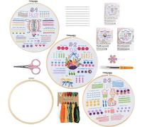 Kit de broderie pour débutants, 3 ensembles de broderie pour adultes, apprenez 33 points différents pour les amateurs d'artisanat comprenant un motif de fleur estampé, un cerceau en bambou