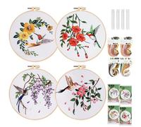 Kit de broderie pour débutants, 4 pièces florales, avec cadre et fils multicolores