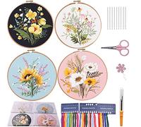 Kit de broderie pour débutants et adultes, 4 ensembles de broderie au point de croix pré-imprimé, gamme complète de kit de broderie avec instructions, cercle à broder en bambou