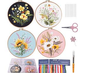 Kit de broderie pour débutants et adultes, 4 ensembles de broderie au point de croix pré-imprimé, gamme complète de kit de broderie avec instructions, cercle à broder en bambou