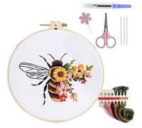 Kit de broderie pour débutants, kit de démarrage de broderie à faire soi-même avec motif fleurs d'abeilles, gamme complète de kits de broderie pour apprendre avec des cerceaux à broder et un chiffon,