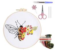 Kit de broderie pour débutants, kit de démarrage de broderie avec motif fleurs d'abeilles, gamme complète de kits de broderie pour apprendre avec des cerceaux à broder et un chiffon, un outil de fils