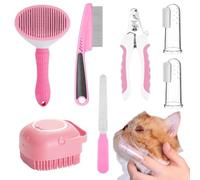 Kit de brosse de toilettage pour animaux de compagnie - Brosse à shampooing pour chien avec coupe-ongles et lime | 2 brosses à dents à doigts, peigne anti-puces pour poils courts et longs