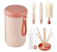 Kit de brosses pour biberon 6 en 1, portable, en silicone, pour le voyage, étagère de séchage pliable avec seau de rangement, sûr, robuste, sans BPA, pour la maison et les voyages (rose)
